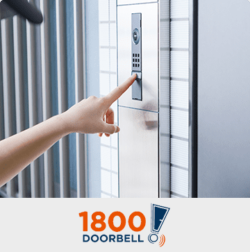 Finger pressing a doorbell. Logo: 1 800 Doorbell.