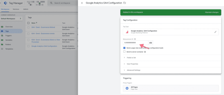 Screenshot of Google Tag Manager, showing Google Analytics GA4 Configuration. Arrow points to the Measurement ID box to be filled in.