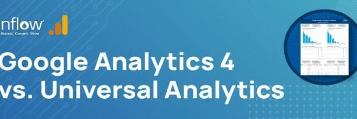 Google Analytics 4 vs. Universal Analytics. Logo: Inflow. Attract. Convert. Grow. Logo: Google Analytics.