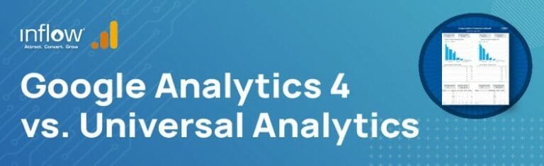 Google Analytics 4 vs. Universal Analytics. Logo: Inflow. Attract. Convert. Grow. Logo: Google Analytics.