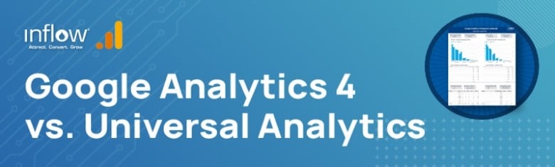 Google Analytics 4 vs. Universal Analytics. Logo: Inflow. Attract. Convert. Grow. Logo: Google Analytics.