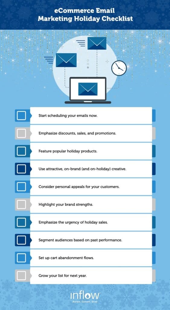 eCommerce Email Marketing Holiday Checklist. Start scheduling your emails now. Emphasize discounts, sales, and promotions. Feature popular holiday products. Use attractive, on-brand (and on-holiday) creative. Consider personal appeals for your customers. Highlight your brand strengths. Emphasize the urgency of holiday sales. Segment audiences based on past performance. Set up cart abandonment flows. Grow your list for next year. Logo: Inflow. Attract. Convert. Grow.