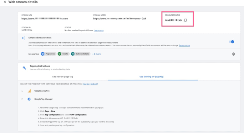 Google Analytics 4 screenshot, showing Web Stream Details page. Measurement ID is highlighted in the upper righthand corner of the page.