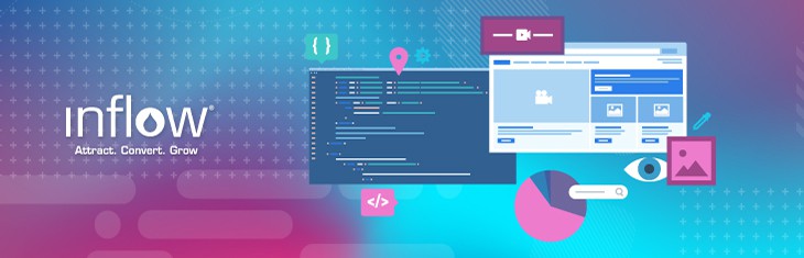 Two webpages, one displaying backend code and another displaying content, including video and image icons. Illustration. Logo: Inflow. Attract. Convert. Grow.
