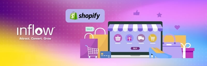 Laptop screen showing an eCommerce webpage. Illustration. Logo: Shopify. Logo: Inflow. Attract. Convert. Grow.