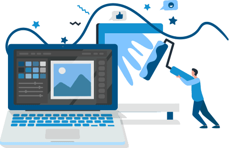KEH-Case-Study-1 Laptop monitor screen showing image icon. To the right is a cartoon figure painting a sign. Illustration.