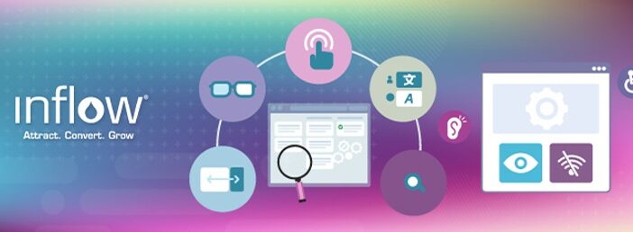 Illustration of accessibility supports and icons, including glasses, touchscreens, magnifying glasses, and more.