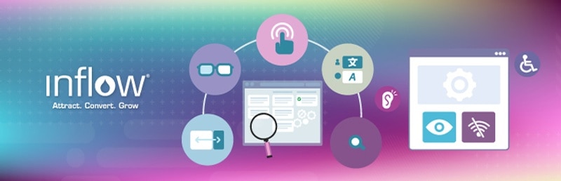 Illustration of accessibility supports and icons, including glasses, touchscreens, magnifying glasses, and more.