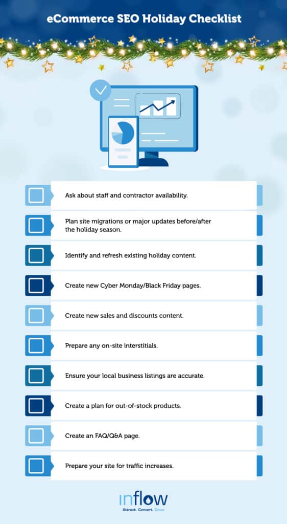 eCommerce SEO Holiday Checklist. Ask about staff and contractor availability. Plan site migrations or major updates before / after the holiday season. Identify and refresh existing holiday content. Create new Cyber Monday / Black Friday pages. Create new sales and discounts content. Prepare any on-site interstitials. Ensure your local business listings are accurate. Create a plan for out-of-stock products. Create an FAQ / Q&A page. Prepare your site for traffic increases. Logo: Inflow. Attract. Convert. Grow.