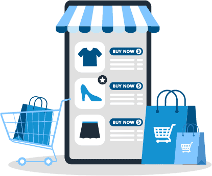 Illustrated eCommerce webpage on a mobile phone screen. Shopping carts and shopping bags.
