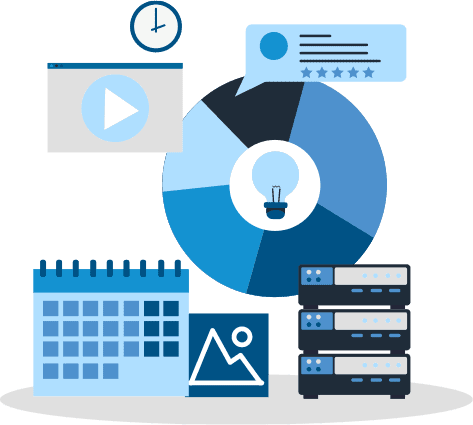 Illustrated calendars, icons, and pie charts.