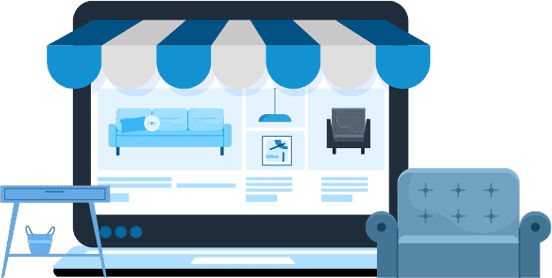 Illustrated computer monitor showing home goods products and website. Sofa and desk.