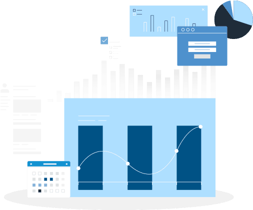 Illustrated bar charts and calendar icons.