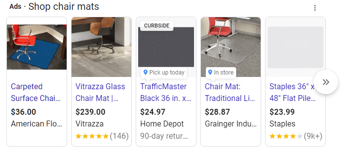 Google Shopping Ads results for chair mats. Titles for results are cut off. Results are displayed for American Flo..., Vitrazza, Home Depot, Grainger Industries, and Staples.