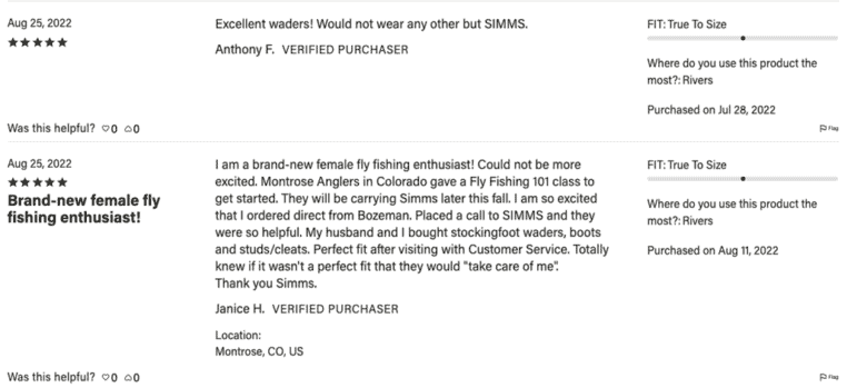 Simms Fishing Gear product reviews. On the right side of the screenshot is a size feedback option. Both reviews say Fit: True to Size.