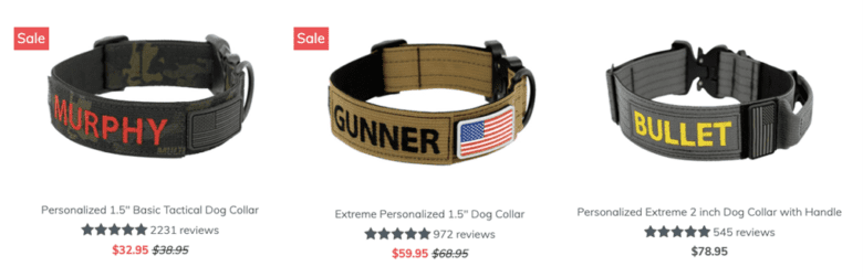 Tactical dog collars, personalized with names Murphy, Gunner, and Bullet. Each product has five-star reviews, with the number of reviews varying from 2231 to 545.