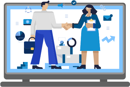 KEH-Case-Study-1 Two human figures shaking hands on a laptop computer screen. Illustration.