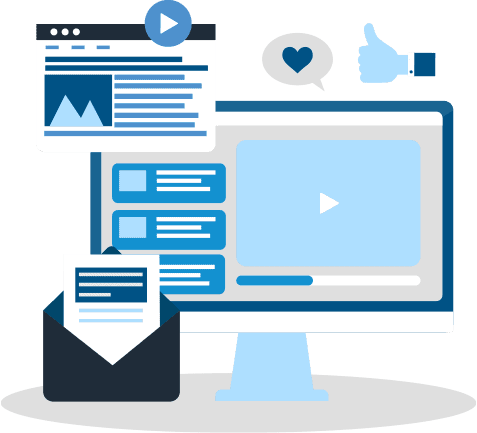 Computer monitor with a video play icon. A thumbs up and a heart icon float above the monitor. Illustration.