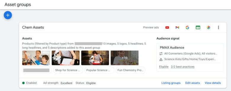 Performance Max Asset example screenshot. Title: Chem Assets. Images of children playing with science tools set to a P Max audience signal.