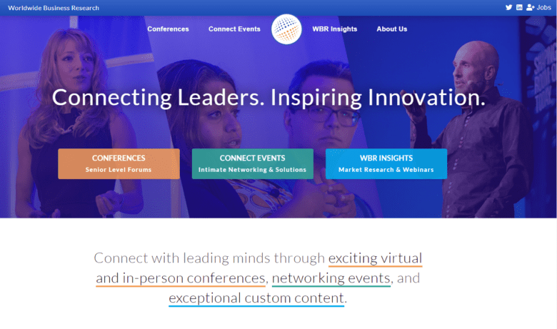 Worldwide Business Research website screenshot. Hero image caption: Connecting Leaders. Inspiring Innovation.
