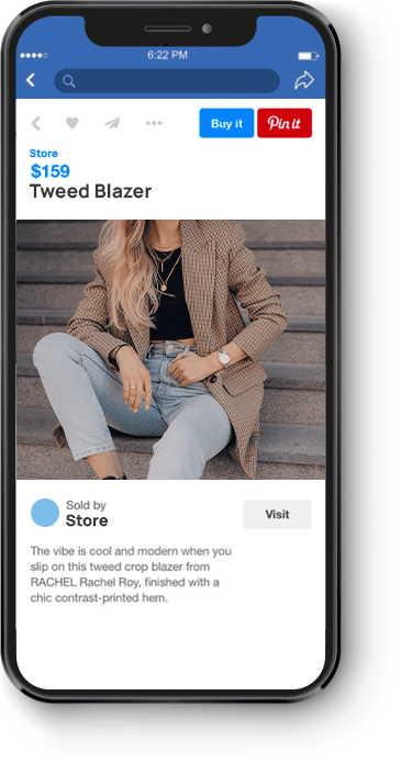 custom-ppc-campaigns Pinterest ad for a tweed blazer on a mobile phone screen. Image of a blond woman wearing a caramel tweed blazer. Price: $159. Buy It. Pin It.