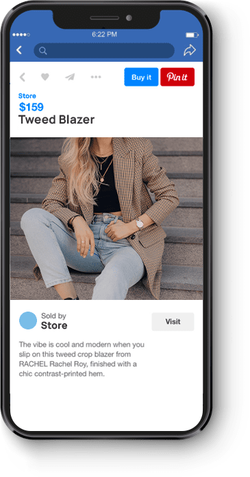 Pinterest ad for a tweed blazer on a mobile phone screen. Image of a blond woman wearing a caramel tweed blazer. Price: $159. Buy It. Pin It.