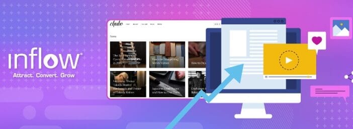 Screenshot of Chubo Knives blog page. Computer monitor showing content icons and an arrow demonstrating upward growth. Logo: Inflow. Attract. Convert. Grow.