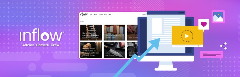 Screenshot of Chubo Knives blog page. Computer monitor showing content icons and an arrow demonstrating upward growth. Logo: Inflow. Attract. Convert. Grow.
