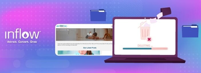 Screenshot of Home Science Tools' blog. Laptop screen showing a trash can deleting files. Logo: Inflow. Attract. Convert. Grow.