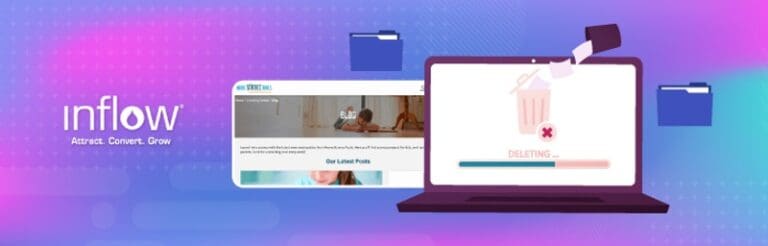 Screenshot of Home Science Tools' blog. Laptop screen showing a trash can deleting files. Logo: Inflow. Attract. Convert. Grow.