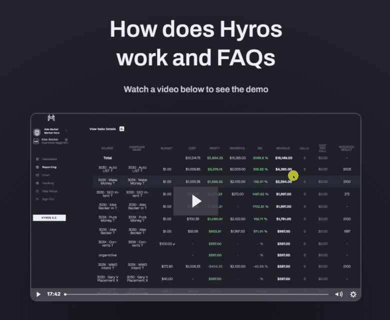 Screenshot from Hyros.com. How does Hyros work and F A Qs. Watch a video below to see the demo.