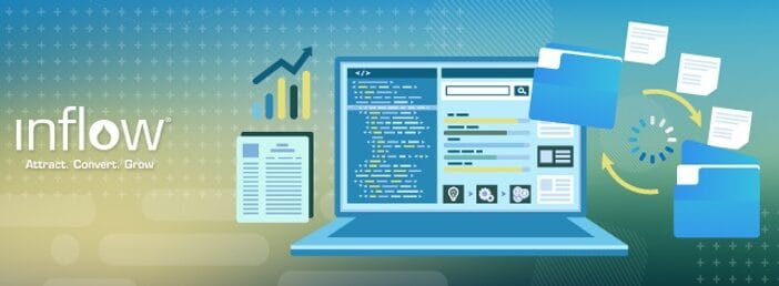 Laptop screen showing H T M L code. Icons of two folders with documents moving in between the two. Logo: Inflow. Attract. Convert. Grow.