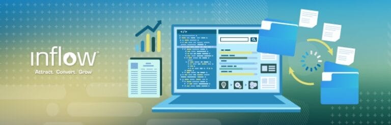 Laptop screen showing H T M L code. Icons of two folders with documents moving in between the two. Logo: Inflow. Attract. Convert. Grow.