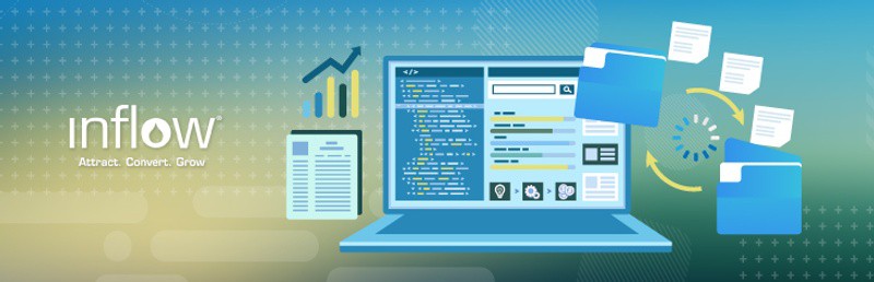 Laptop screen showing H T M L code. Icons of two folders with documents moving in between the two. Logo: Inflow. Attract. Convert. Grow.