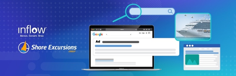 Laptop screen showing Google Ads example. Logo: Inflow. Attract. Convert. Grow. Logo: Shore Excursions Group.