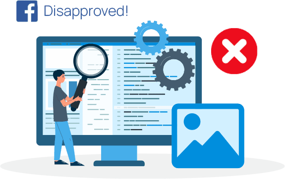 email-marketing-1 Computer monitor with backend code. Facebook logo. Disapproved! Red x near an image icon.