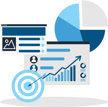 Computer webpages showing bar graphs and pie charts indicating upward growth. Illustration.