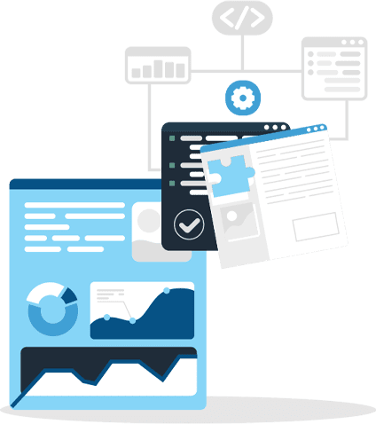 email-marketing-3 Computer webpages showing puzzle pieces, bar graphs, and other reporting icons. Illustration.