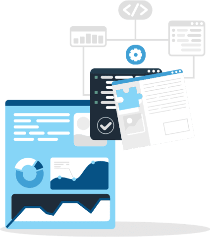 Computer webpages showing puzzle pieces, bar graphs, and other reporting icons. Illustration.