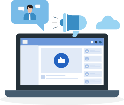 email-marketing-1 Laptop screen with a social media feed and a like icon. Illustration.