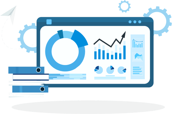 email-marketing-1 Webpage with bar charts and pie charts showing upward growth. Illustration.