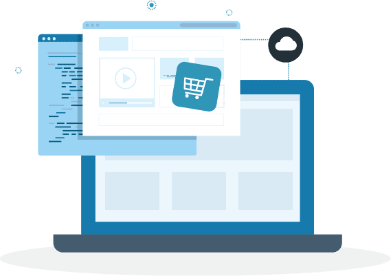 email-marketing-1 Laptop screen showing website page with shopping cart icon. Illustration.