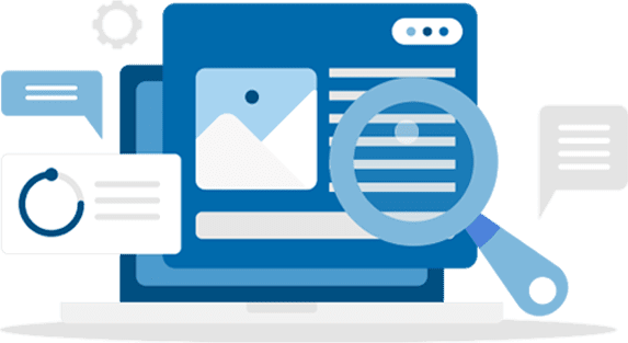 ecommerce-migrations Laptop screen showing image icon and text on a webpage. A giant magnifying glass hovers over it. Illustration.