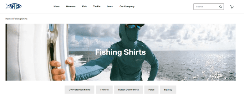 Screenshot of A F T C O website, showing fishing shirt category page. Subcategories include UV Protection Shirts, T-Shirts, Button Down Shirts, Polos, Big Guy.