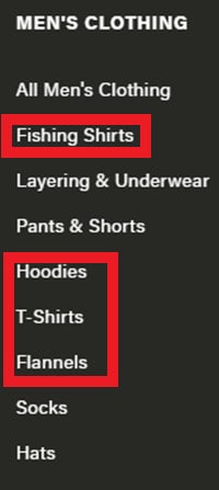 Simms website menu screenshot. Men's Clothing categories. Highlighted are the categories Fishing Shirts, Hoodies, T-Shirts, and Flannels.