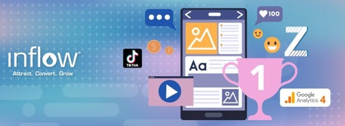 Mobile phone with icons for ads, images, and videos. Logos surround the phone screen, including TikTok, Google Analytics 4, and more. Logo: Inflow. Attract. Convert. Grow.