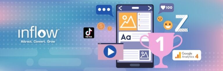 Mobile phone with icons for ads, images, and videos. Logos surround the phone screen, including TikTok, Google Analytics 4, and more. Logo: Inflow. Attract. Convert. Grow.