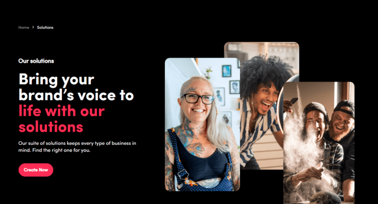 Alt text: Screenshot of TikTok Ads webpage. Our solutions: Bring your brand's voice to life with our solutions. Our suite or solutions keeps every type of business in mind. Find the right one for you. Create now.