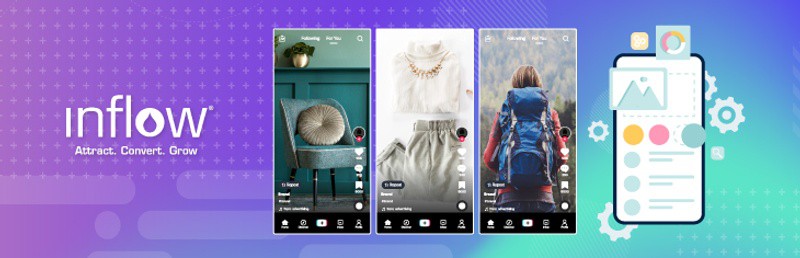 TikTok videos showing eCommerce products, including home goods, clothing, and a hiker wearing a backpack. Logo: Inflow. Attract. Convert. Grow.