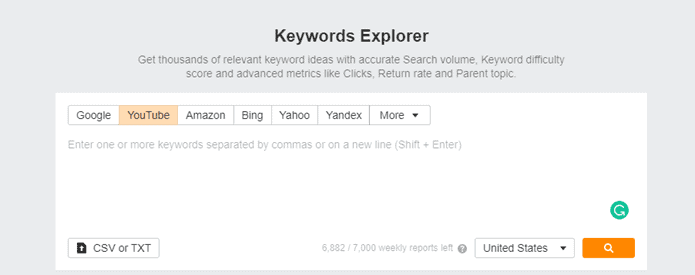 Ahrefs Keywords Explorer tool, filtered to YouTube keywords.